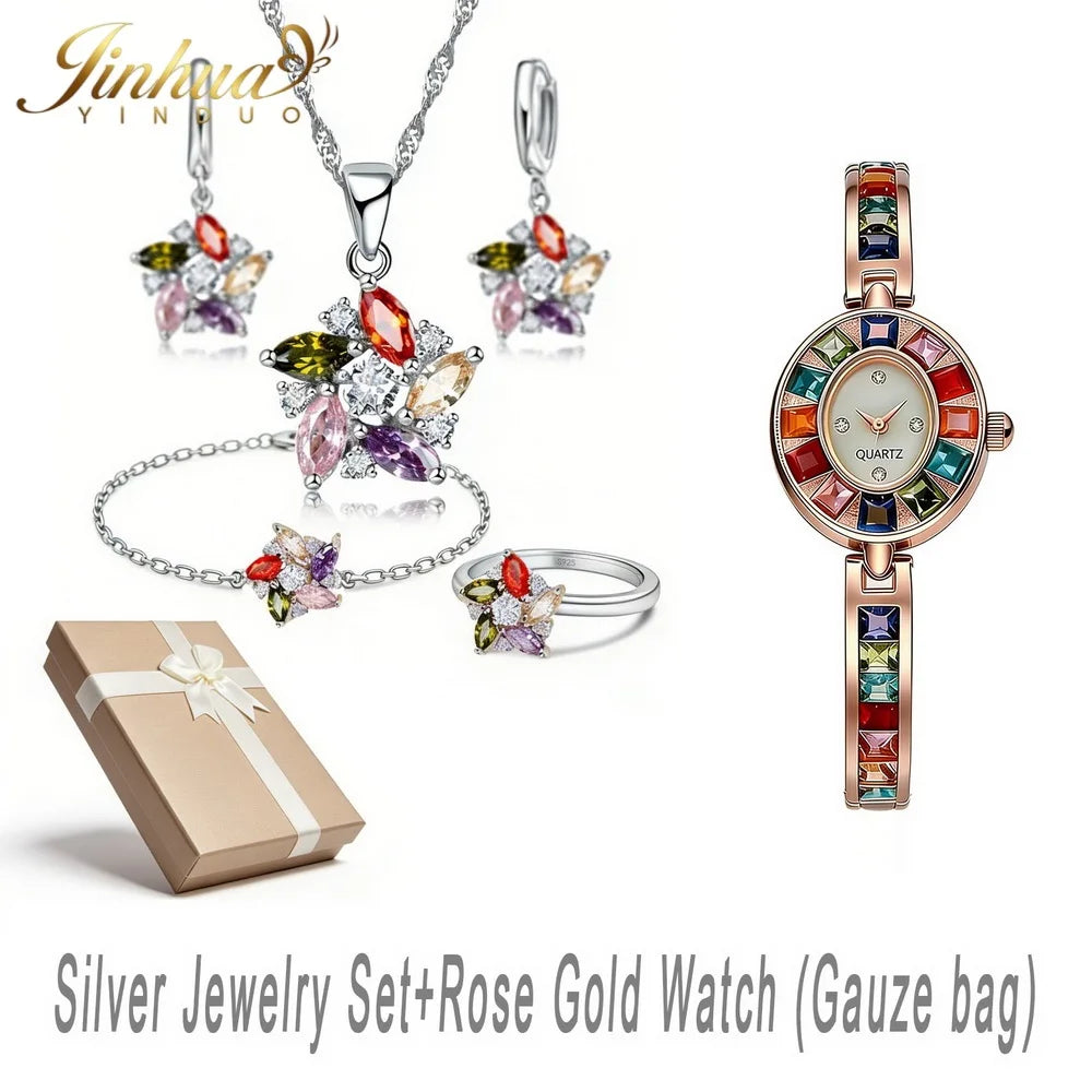 26 Wellness Jewelry Set 925 Sterling Silver Windmill Colorful Good Lucky CZ Necklace Earrings Bracelet Ring+Gift Box For Women