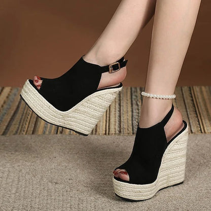 Liyke Size 34-42 Black Women Platform Wedge Sandals Summer Fashion Peep Toe Buckle Strap High Heels Ladies Shoes Sandalias Mujer - Kimlud