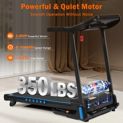 Foldable Incline Treadmill 3.0HP 350lbs Capacity Auto-Folding 10MPH Bluetooth USB/Type-C Charging Sports Equipment for...