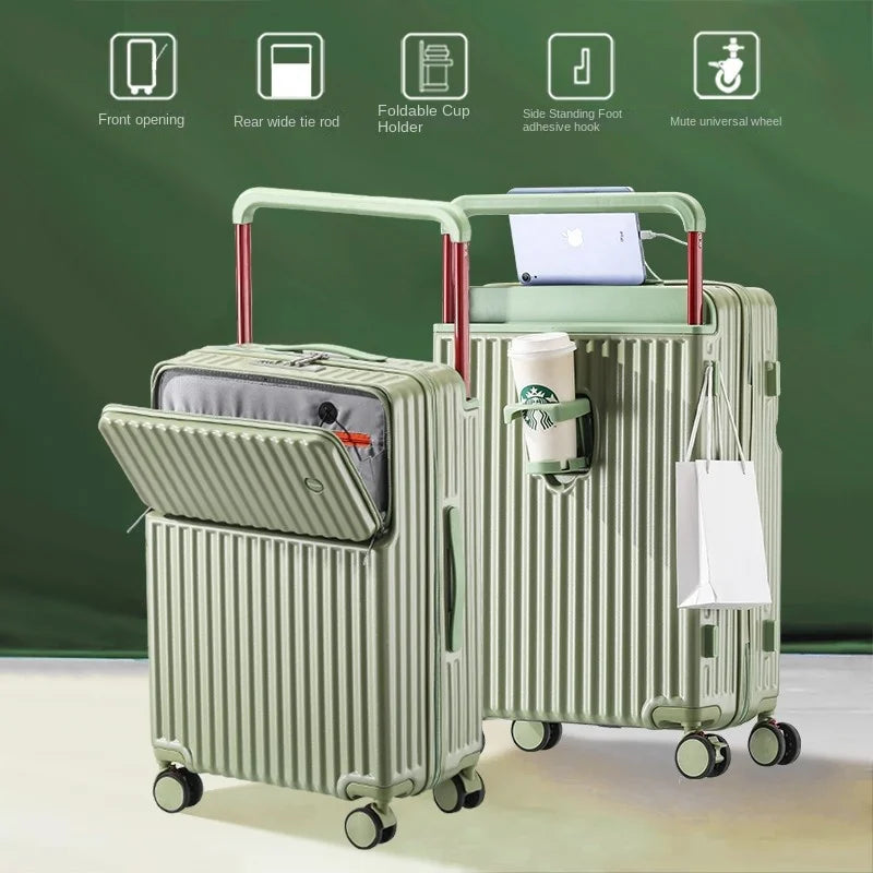 Aluminum Framed Front Open Suitcase Carry-on Bag Wide Handle Luggage Multifunctional 20/28-inch Impact Resistant Travel Bag