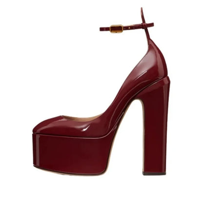 Europe And America Ultra High Heels Platform Women's Sandals Round Toe Crude Heel Female Pumps Patent Leather Lady Single Shoes - Kimlud