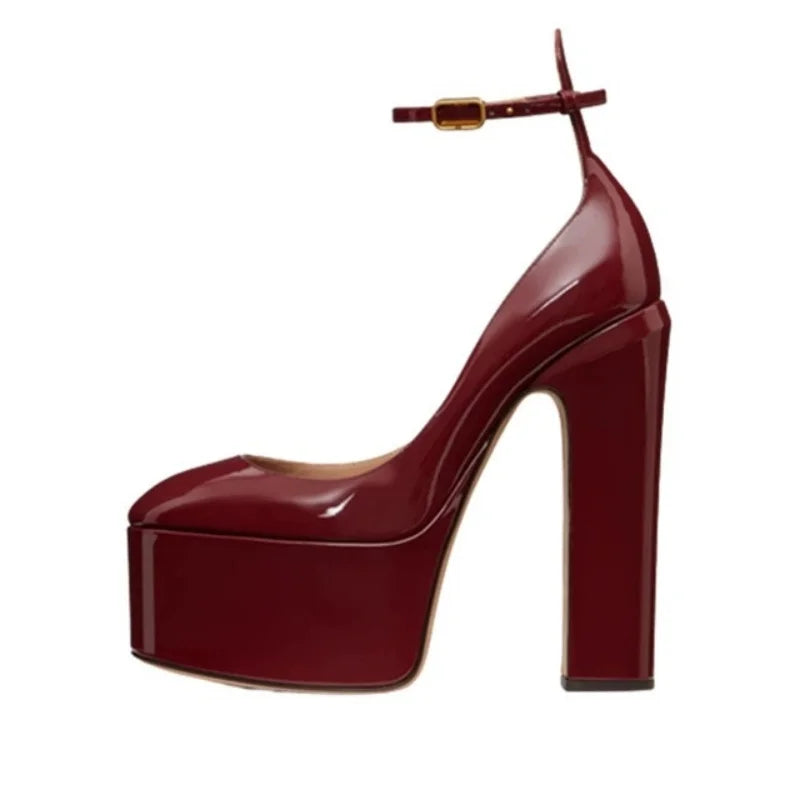 Europe And America Ultra High Heels Platform Women's Sandals Round Toe Crude Heel Female Pumps Patent Leather Lady Single Shoes - Kimlud