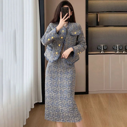 2025 Spring Autumn New Tweed Suit Skirt Women's Fashion Loose Sweet Single-Breasted Casual Chic Jacket Two-Piece Sets