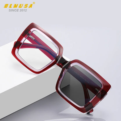 BLMUSA Square Photochromic Blue Light Blocking Large Frame Eyeglasses fashion Reading Glasses ladies Prescription Myopia Glasses - Kimlud