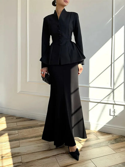 Solid Stand Collar Women Blazer Set Hip Package Slim Lady Long Skirts Sets 2025 Elegant Office Single-breasted Female Coat Suit