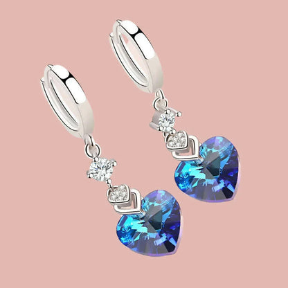 925 Sterling Silver Earrings Blue Crystal Heart-Shaped Zircon Earrings For A Woman'S Engagement Charm Jewelry Gift