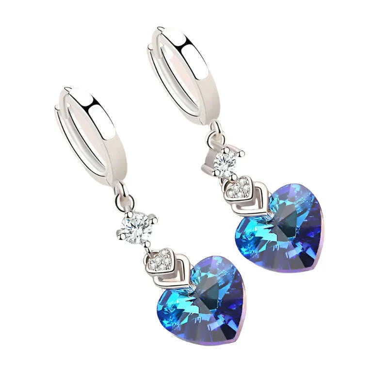 925 Sterling Silver Earrings Blue Crystal Heart-Shaped Zircon Earrings For A Woman'S Engagement Charm Jewelry Gift