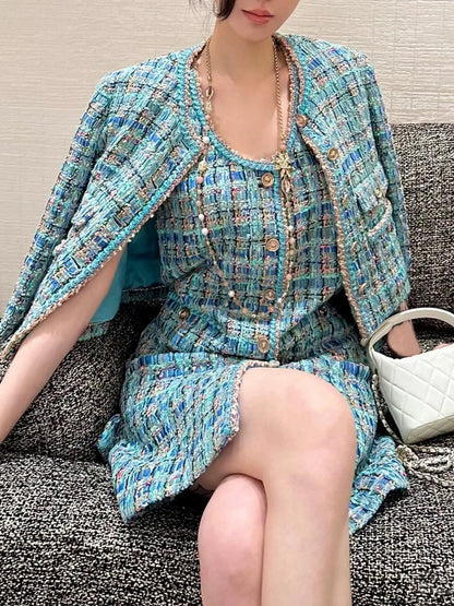 2025 New French Lady Blue Green Tweed round Neck Single Button Small Fragrance Style Jacket Vest Dress Set Casual Suit