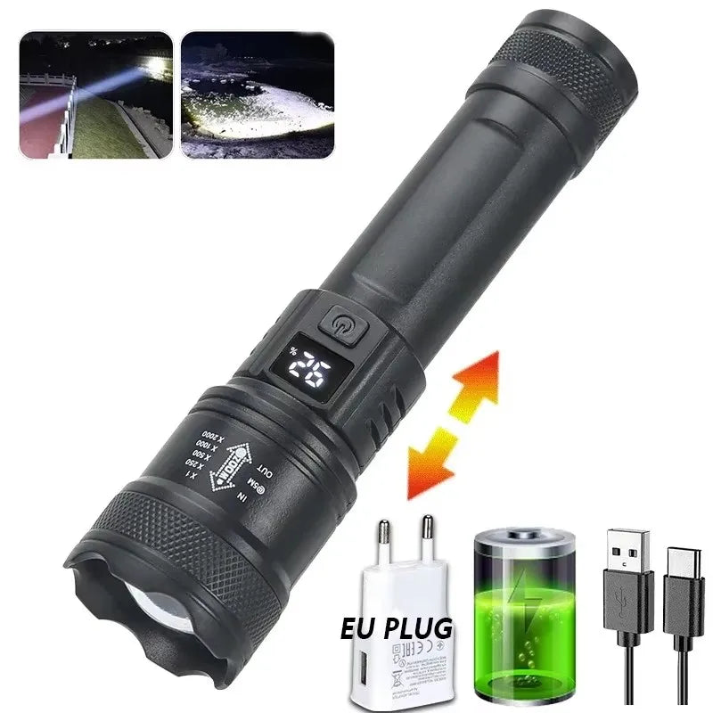 6000000LM LED Flashlight Rechargeable High Power Military Tactical Flashlight Telescopic Zoom Torch Lamp Outdoor Camping Lantern
