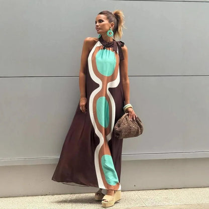 Casual Print Halter Neck Leace-up Long Dresses Women Summer New Vacation Style Loose Maxi Dress Female Vintage Commuting...