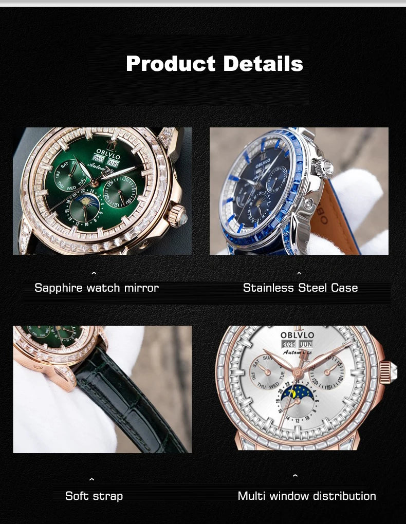 OBLVLO Men's Fashion Automatic Watch Colorful Zircon Moonphase Mechanical Multifunctional Black Leather Strap Timepiece...
