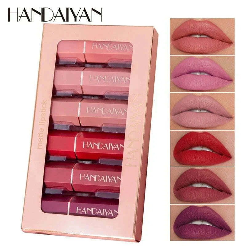 HANDAIYAN 6Pcs/Box Velvet Matte Lipstick Kit Lips Makeup Nude Lip Stick Make Up Cosmetics Foggy Matt Tint Lip Balm Cream Pigment