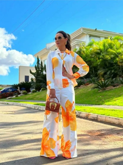 2023 Women's Casual Daily Shirt Set Floral Fashion Printed Shirt Spring Autumn Wide Leg Pants Women's Office Two-piece Set