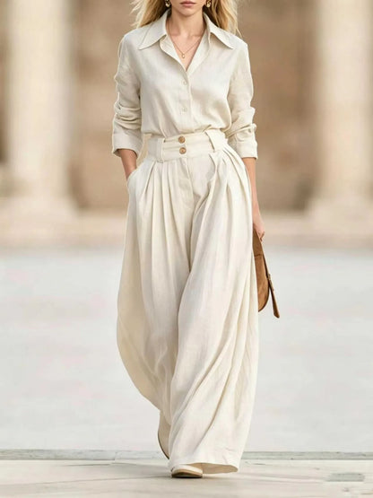 Women Solid Two Piece Outfit Autumn Lapel Long Sleeve Button Shirt + High Waist Pleated Wide Leg Pants Set Casual Office Suits
