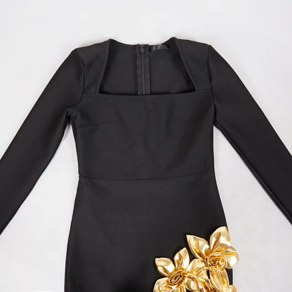 2025 New Fashion Women Long Sleeve Sexy Square Collar Gold Florals Bodycon Mini Bandage Dress Celebrate Nightclub Party Wear - Kimlud