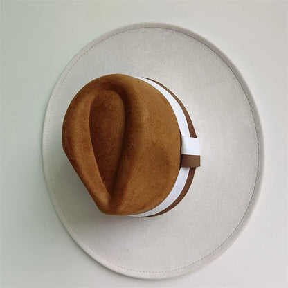 Colorblock Ribbon Colorful Suede Hat Autumn and Winter Women's Felt Hat Wide Brim Hat British Style Retro Men's Gorras Hombre - Kimlud