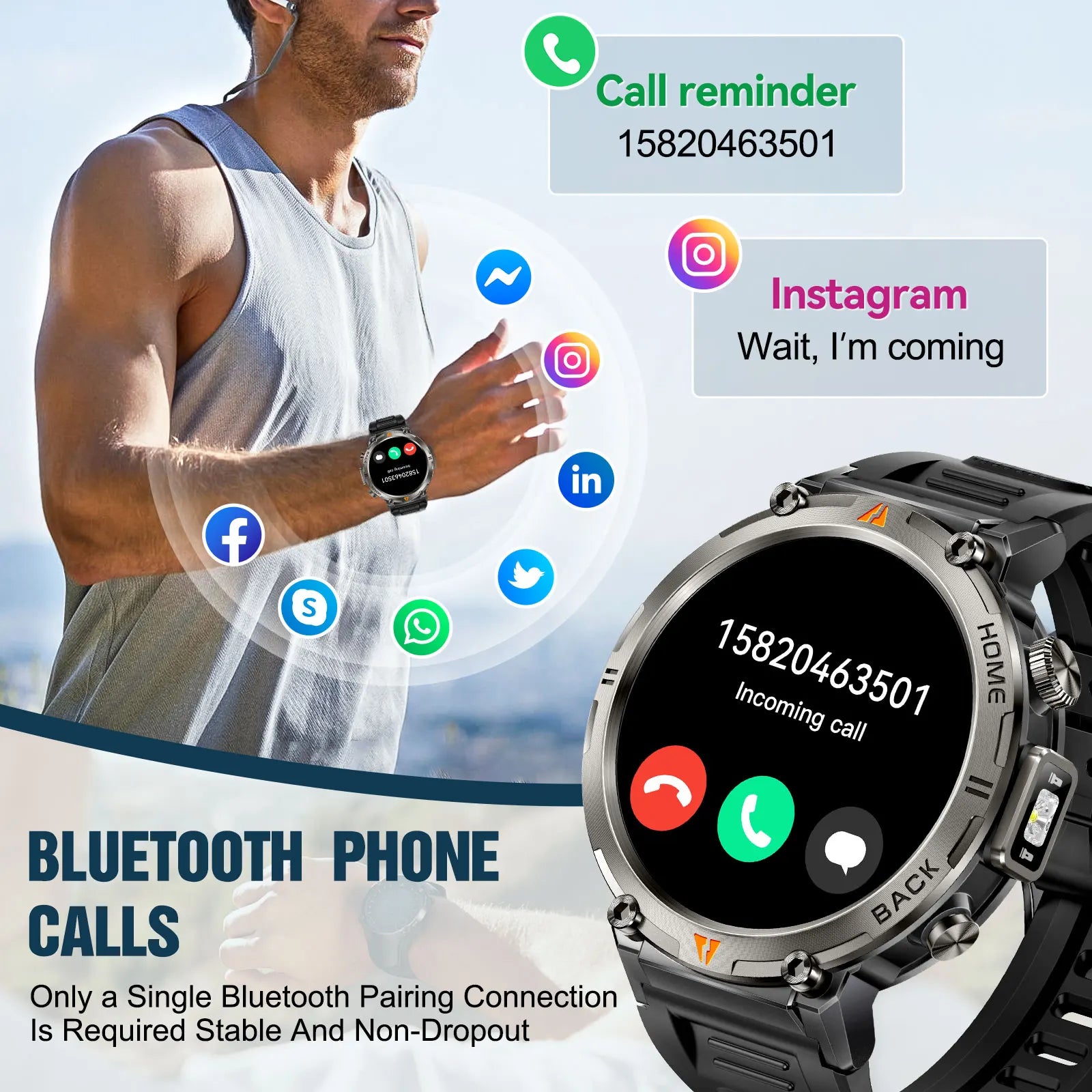 EIGIIS KE3 Smart Watch 3ATM Waterproof Original Design For Men Bluetooth Call Health Monitor With Flashlight 100+ Sports Modes
