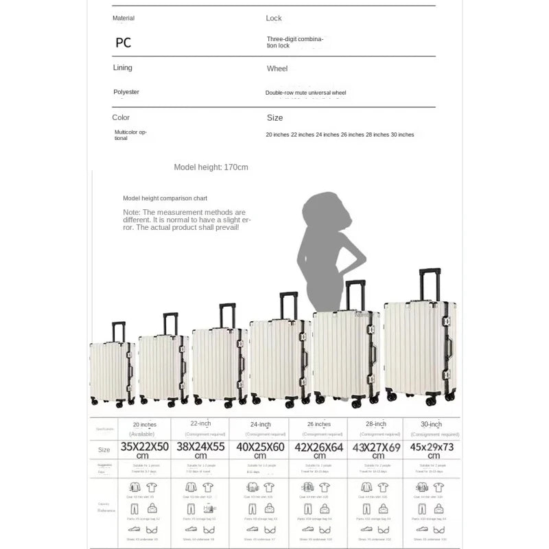 Large Capacity Suitcase Universal Wheel Travel Bag Lightweight Carry-on Boarding Trolley Luggage Aluminum Frame 20/30 inch
