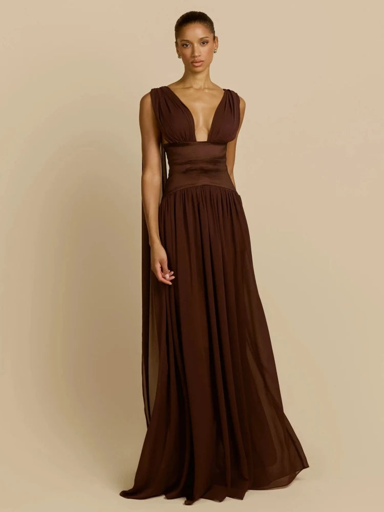 Sexy Deep V Neck Ruched Patchwork Long Dress Women Sleeveless Backless Draped A-line Dresses Celebrity Evening Party...