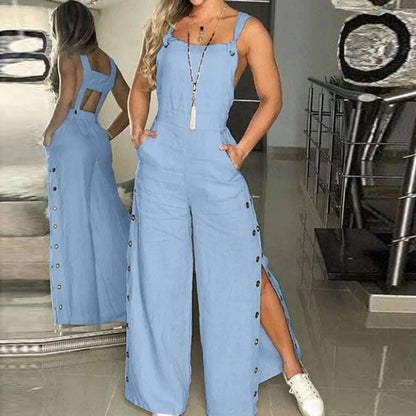 Women's Sleeveless Wide Leg Jumpsuit with Side Pockets And Button Solid Color Loose Straight-Leg Romper for Women Summer Outfit
