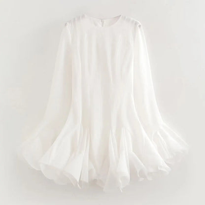 2026 Summer Women's Elegant Multi-Layered Ruffled Hem Mini Dresses Lady Sweet French Style Long Flare Sleeve Slim Fit Puffy Robe - Kimlud