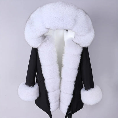 Maomaokong Winter Women Luxur Beige Fur Coat Natural Real Fox Fur Waterproof Jacket Hooded Thick Warm Fashion Long Black Parkas