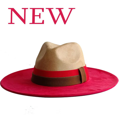 Colorblock Ribbon Colorful Suede Hat Autumn and Winter Women's Felt Hat Wide Brim Hat British Style Retro Men's Gorras Hombre - Kimlud