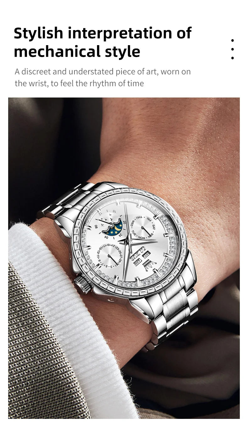 OLEVS 6695 Automatic Mechanical Men's Watches Luxury Brand Original Diamond Bezel Moon Phase Perpetual Calendar Man...