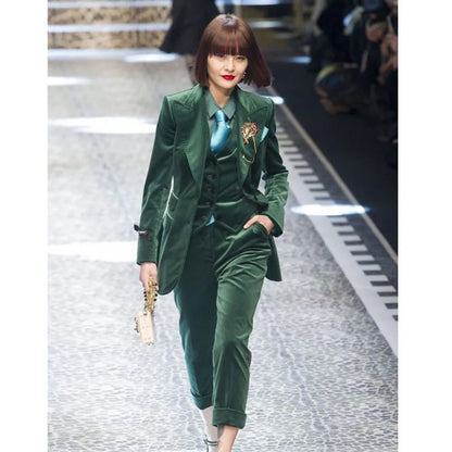 Luxury Green Velvet Winter Clothes for Women 3 Pieces Jacket Pants Vest Female Suits Formal Office Banquet Lady's Blazers Sets
