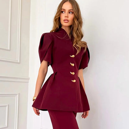 Linad Elegant Wine Red Puff Sleeve Woman Blouse 2026 Vintage Single Breasted Tops Spring Street Chic Black V Neck Ladies Tops - Kimlud