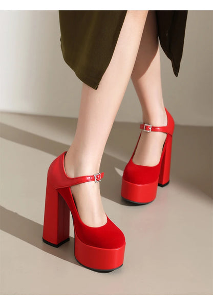 2024 Matte Flock Splice PU Shallow Mouth Hollow Breathable Waterproof Platform Ultra High Thick Heel Ankle Buckle Women's Pumps