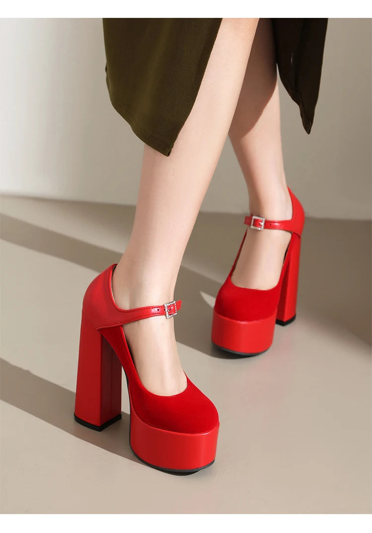 2024 Matte Flock Splice PU Shallow Mouth Hollow Breathable Waterproof Platform Ultra High Thick Heel Ankle Buckle Women's Pumps