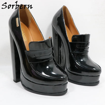 Sorbern Black Women Pumps 18Cm Block High Heel Platform Round Toe Unisex Shoes Style Ol Party Heels Custom High Arch...