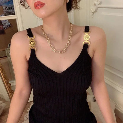 Combhasaki Women's Y2K Tank Tops Rib Knit V-Neck Metal Chain Sling Design Slim Fit Breathable Versatile Streetwear Sweater Vest