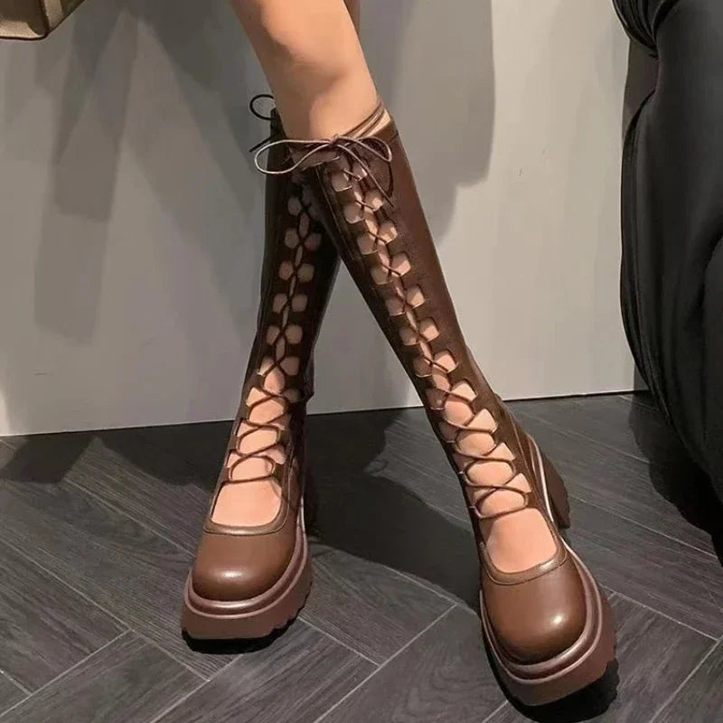 2024 Summer New Female Breathable Hollowed Out Mesh Boots Genuine Leather High Knight Boots Knee High Heels Show Thin Cool Boots