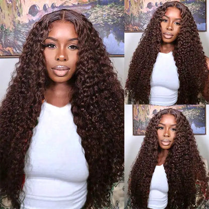 Chocolate Brown Deep Wave Glueless Wigs Human Hair Ready To Wear Pre-Cut Lace Wig 5x5 Wear Go Glueless Human Hair Wigs...
