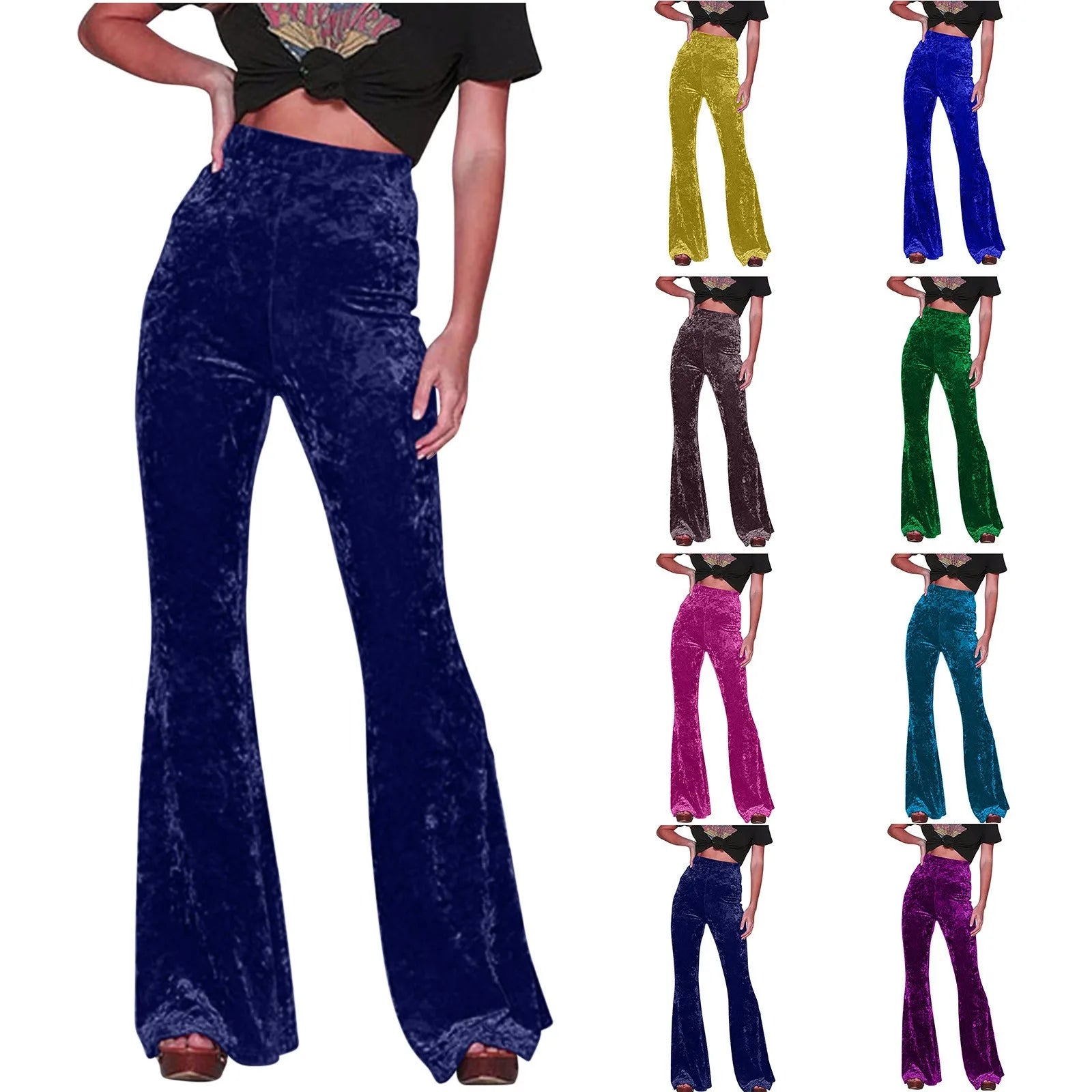 Vintage Velvet Flare Pants Women Sexy High Waist Floor-Length Trousers Lady Casual Velour Bell Bottom Pants Stretchy Retro Pant