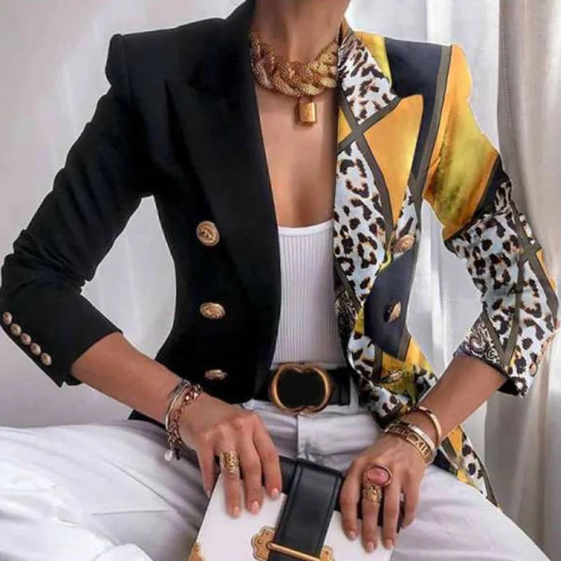 Long Sleeve Button Patchwork Simple Outerwear, Women Spring Autumn Turn-Down Collar Chic Coats, New Print Fashion Ladies Blazers