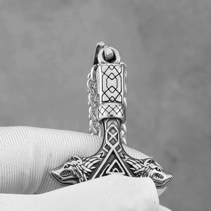 Vintage Viking Wolf Head Thor's Hammer Necklace Men Nordic Valknut Odin Symbol Pendant Necklace Fashion Stainless Steel Jewelry