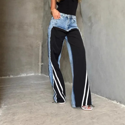 Street Splicing Jeans for Women's Autumn New Style Pants Contrast Striped Fringed Jeans | Kimlud Premium Pants