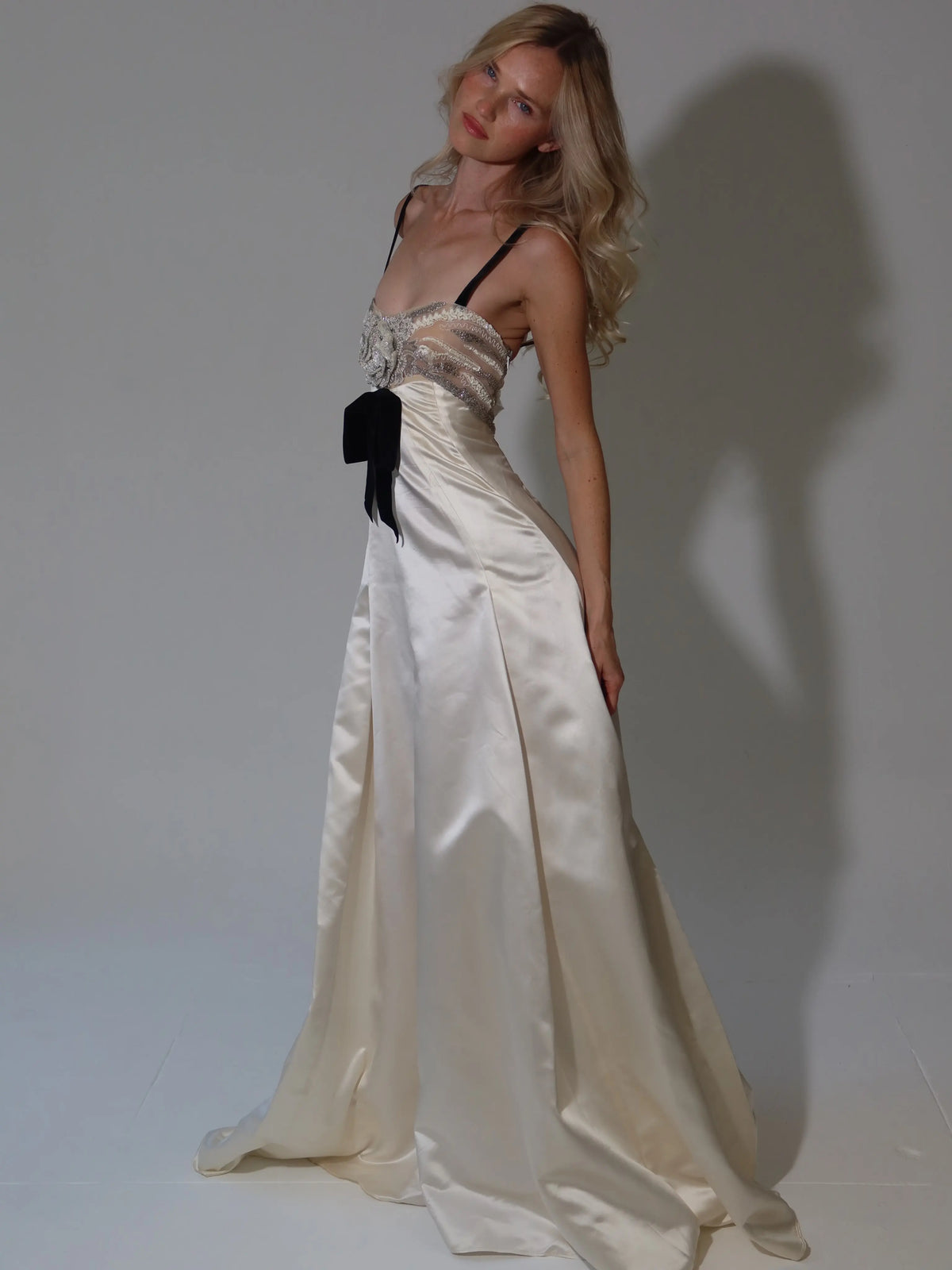 Ofherown Ivory Satin Evening Gown for Women Crystal Beaded Corset Bow A-Line Formal Gala Prom Dress 2026