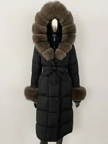 CXFS New Real Raccoon Fox Fur Collar Hooded Natural Long Winter Jacket Women 90 White Duck Down Coat Thick Warm Casual Outerwear