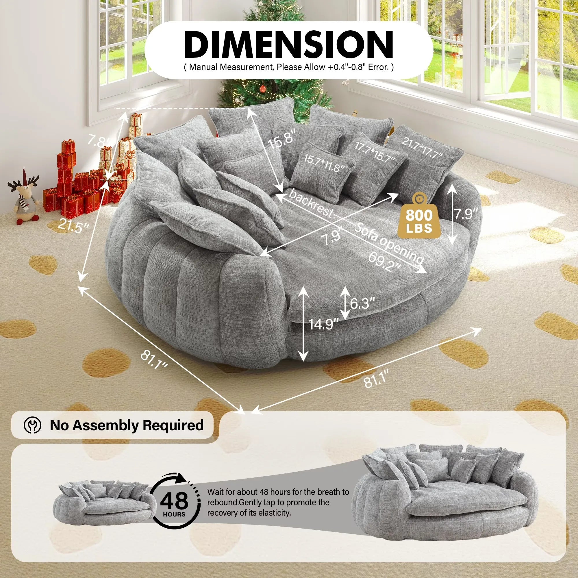 81.1" Cloud Couch Sleeper Sofa, Oversized Round Chaise Lounge Chair with 14 Pillows, Modern Chenille Boneless Couch, Memory Foam