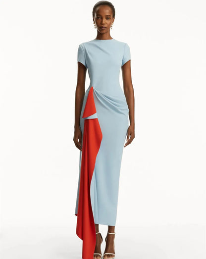 Customized Short O-Neck Evening Dresses with Ruffles/Slit Mermaid Crepe Pleated فساتين السهرة for Women - Kimlud