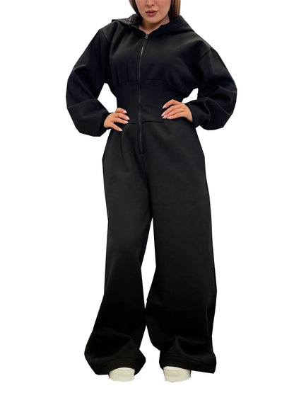 Women's Hooded Zipper Elastic Waist Jumpsuit Long Pants Sports Casual Solid Color Comfortable Casual Cross-Border Style