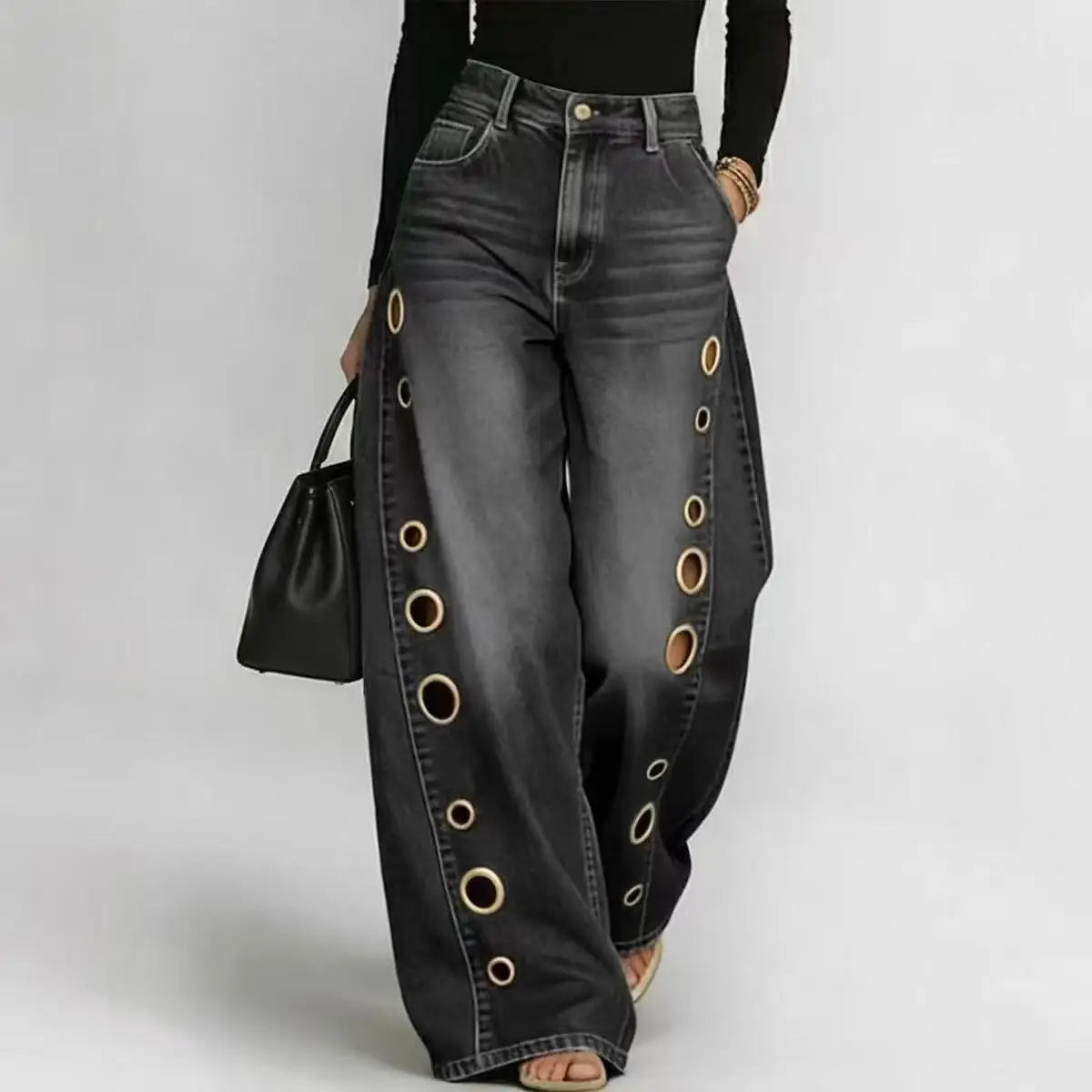 Y2K Streetwear Women Wide‑Leg Denim Pants Asymmetric Two‑Tone Splicing Polka Dot Print Eyelet Hole Detail Loose Baggy Jeans