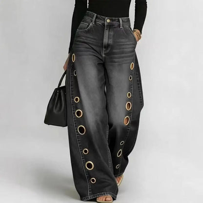 Y2K Streetwear Women Wide‑Leg Denim Pants Asymmetric Two‑Tone Splicing Polka Dot Print Eyelet Hole Detail Loose Baggy Jeans