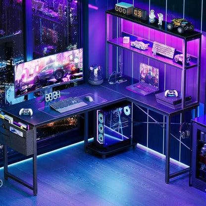 L Shaped Gaming Desk with Power Outlets & LED Lights, Corner Desk with Monitor Stand for Home Office, Space-Saving |...