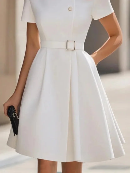 Yeezzi 2025 New Women's White High-Neck Belted Pleated A-Line Dress Short Sleeves Buttoned Pockets Elegant Party Mini Dresses