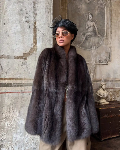 Brown Medium-length Fur Coat Women Lapel Hidden Button Loose  Elegant Outerwear 2025 Fashion Office lady commute Overcoat New